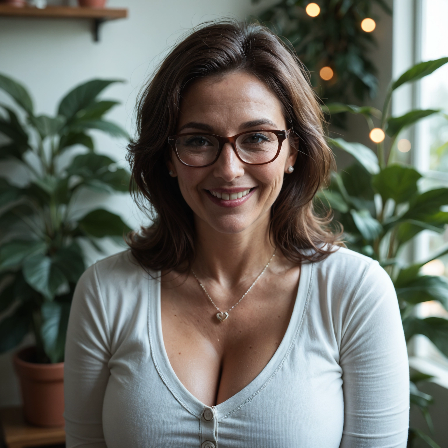 1girl, breasts, jewelry, solo, cleavage, glasses · Yamete.gg