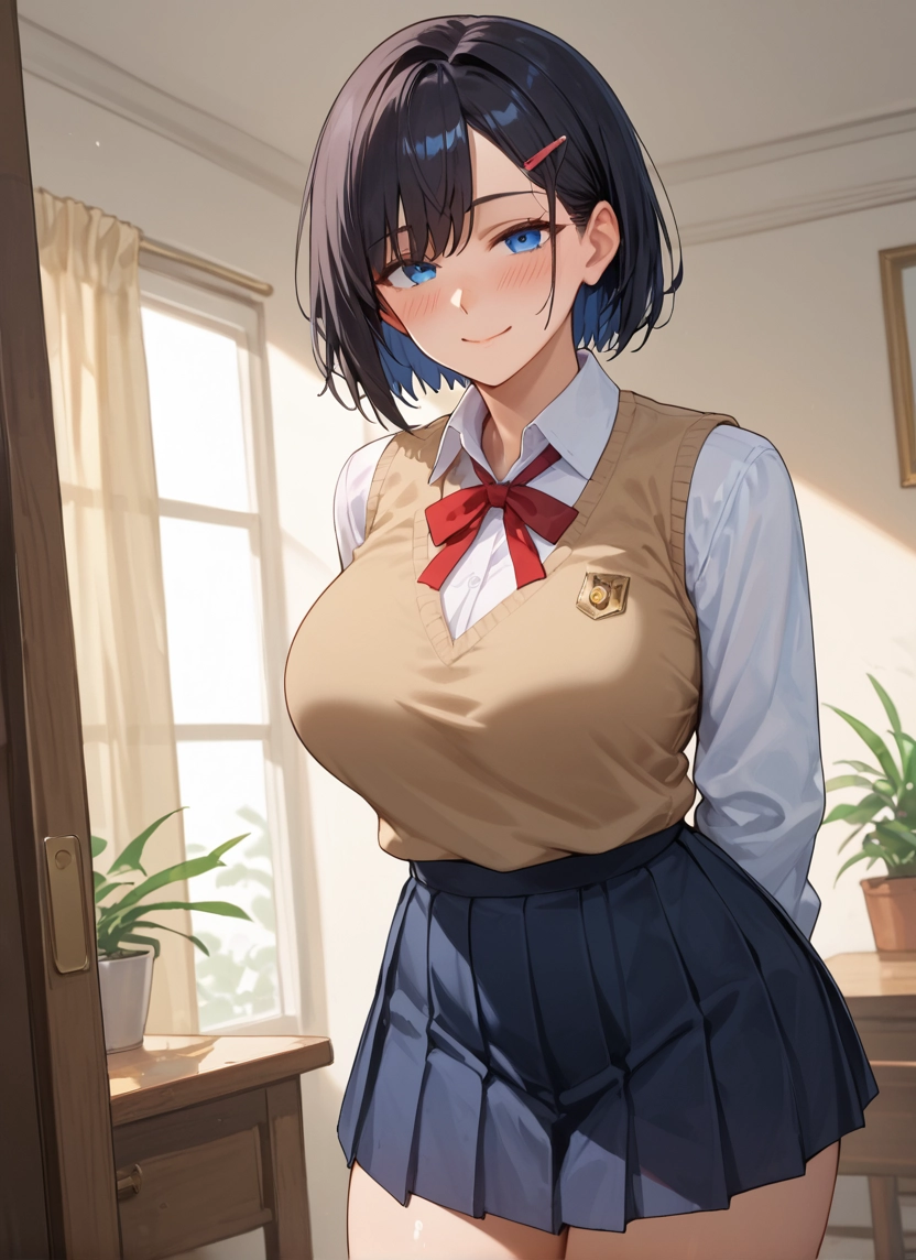 1girl, skirt, breasts, blue eyes, solo, hair ornament · Yamete.gg