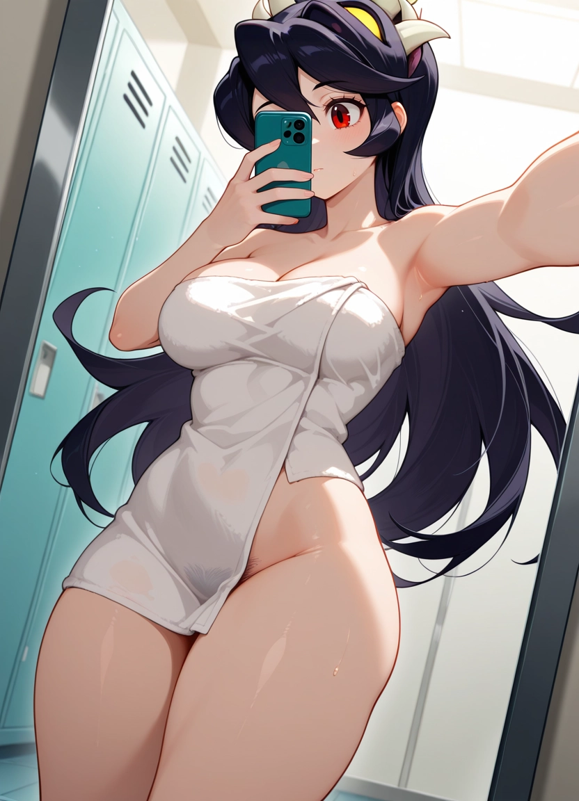 1girl, selfie, breasts, filia (skullgirls), phone, red eyes · Yamete.gg