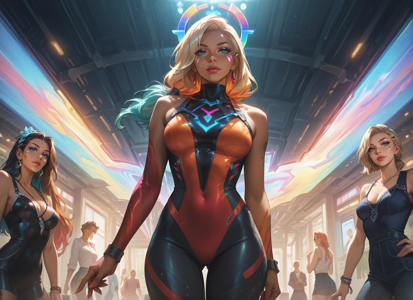 multiple girls, breasts, jewelry, blonde hair, facial mark, earrings · Yamete.gg