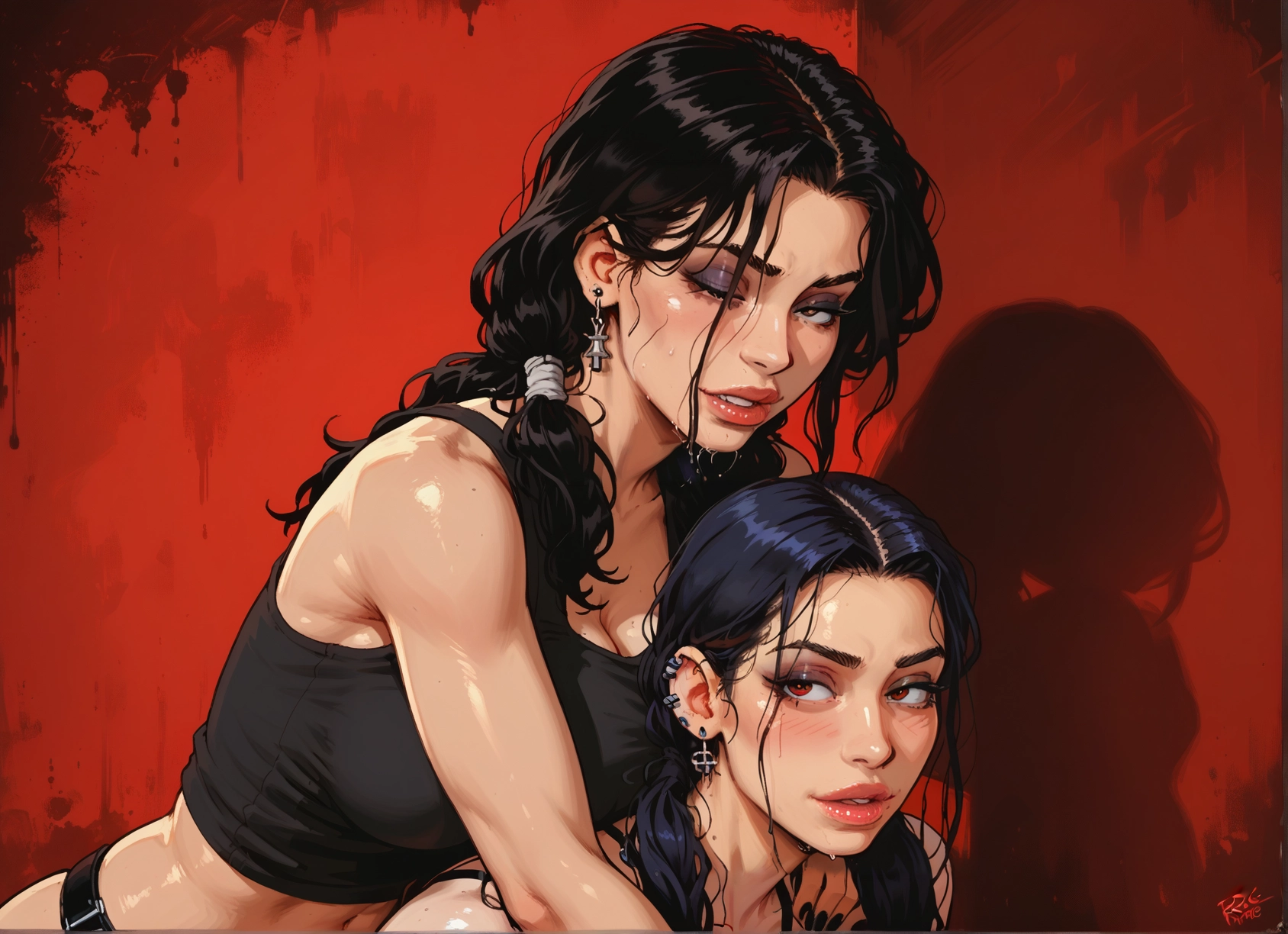 multiple girls, breasts, jewelry, black hair, 2girls, earrings · Yamete.gg