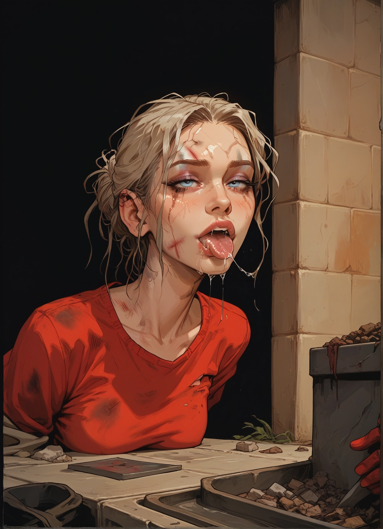 1girl, solo, blue eyes, blonde hair, saliva, tongue · Yamete.gg