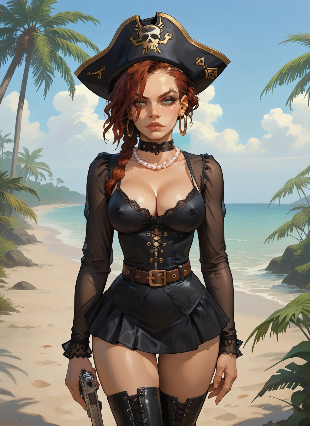 1girl, breasts, weapon, gun, solo, hat · Yamete.gg