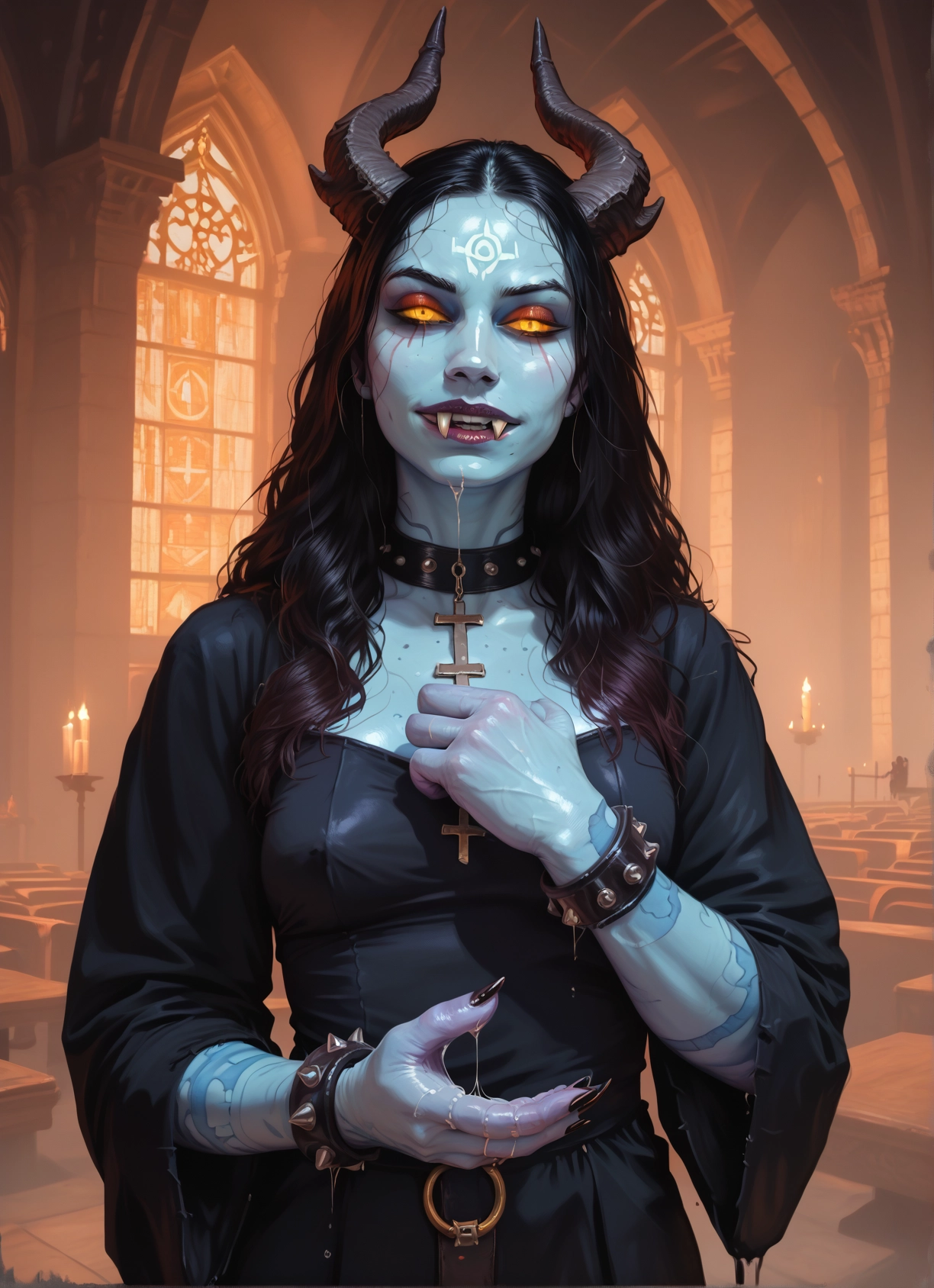 1girl, horns, solo, colored skin, blue skin, cross · Yamete.gg