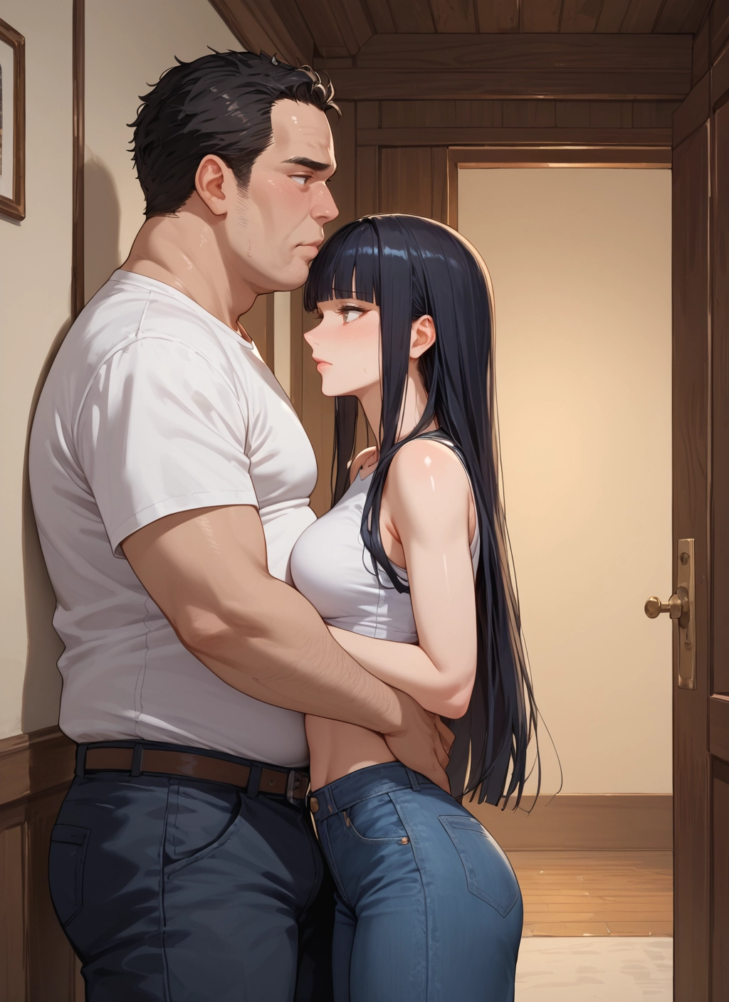 1girl, 1boy, long hair, black hair, pants, breasts · Yamete.gg