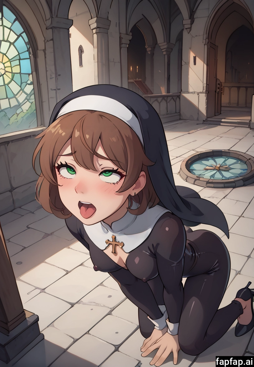 1girl, breasts, brown hair, church, tongue, covered nipples · Yamete.gg