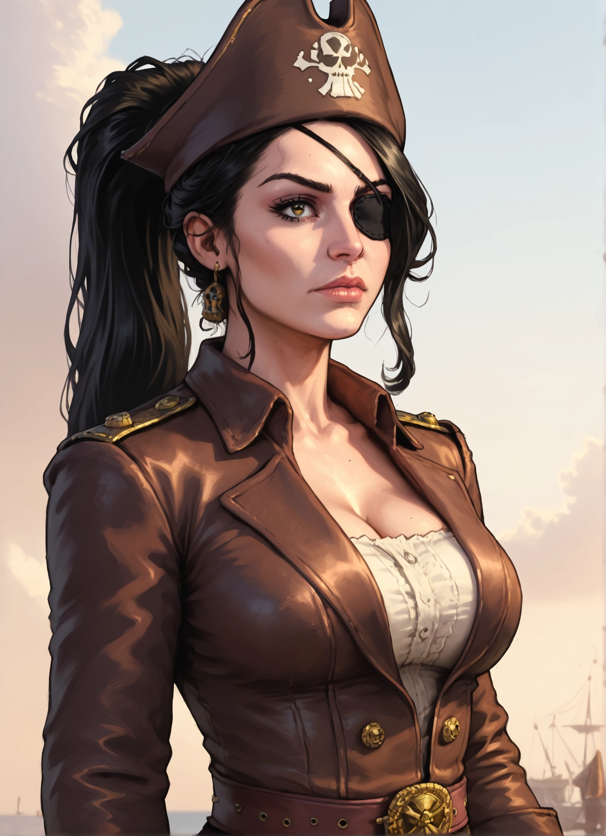 1girl, breasts, eyepatch, hat, cleavage, jewelry · Yamete.gg