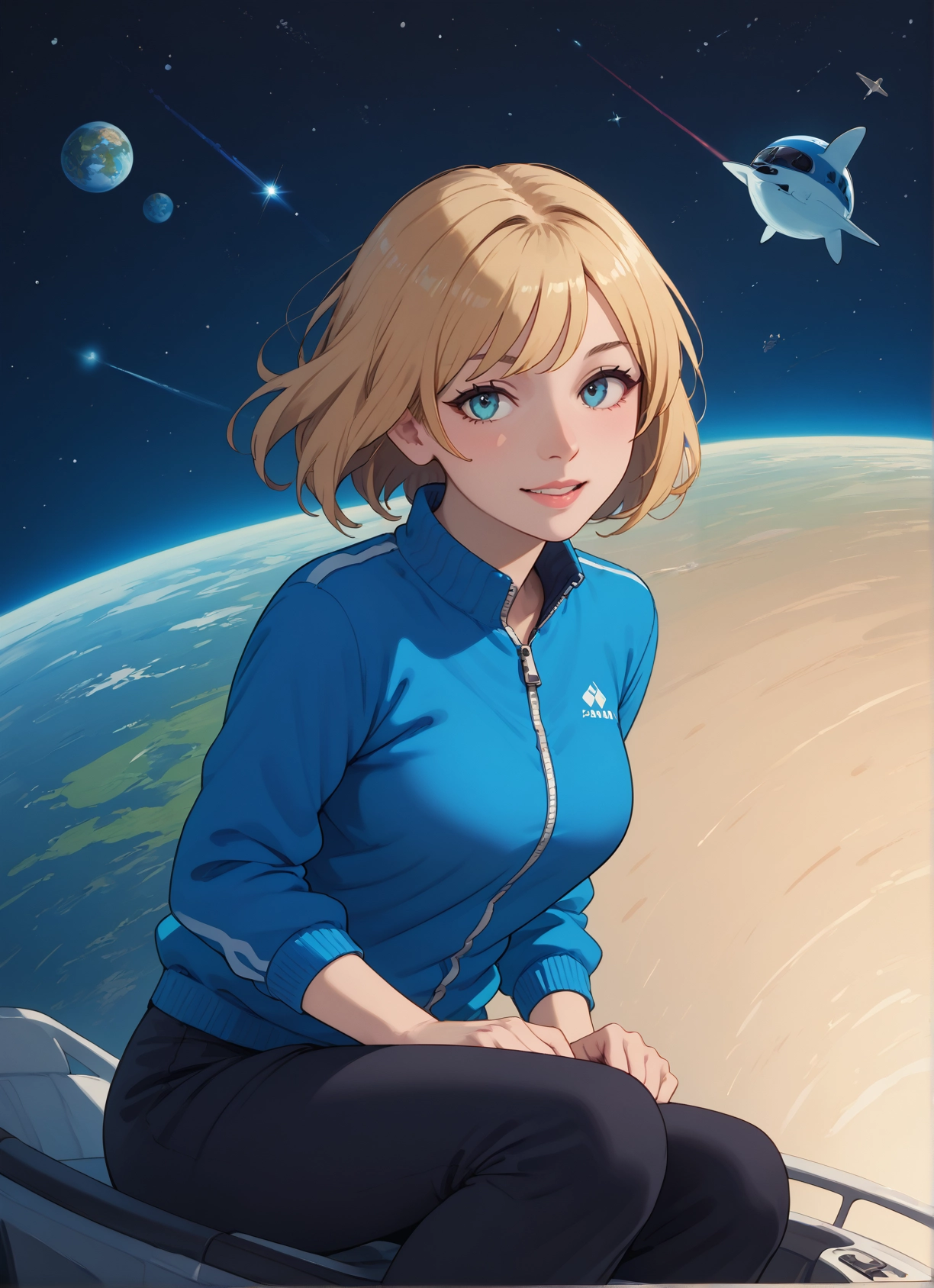 1girl, blue eyes, blonde hair, jacket, planet, pants · Yamete.gg