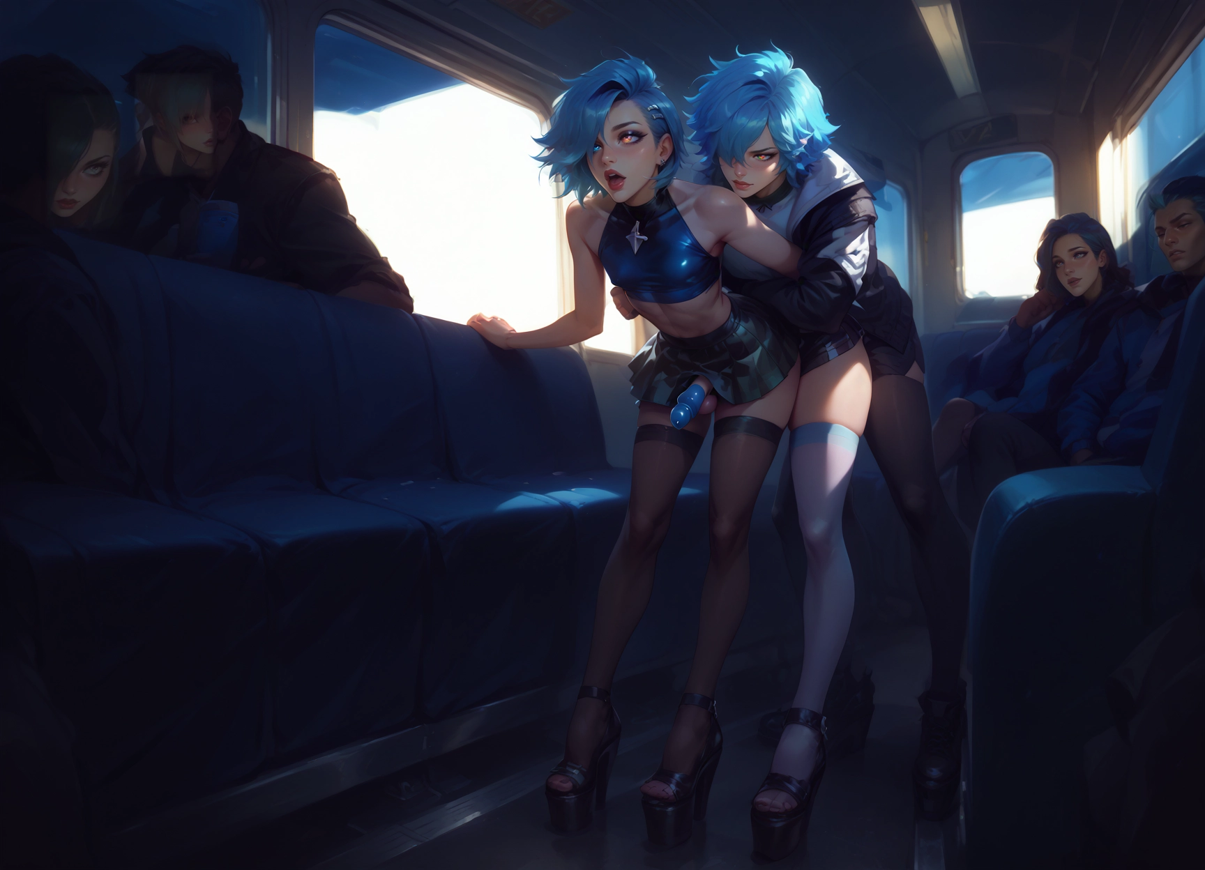 thighhighs, short hair, platform footwear, blue hair, multiple girls, crop top · Yamete.gg