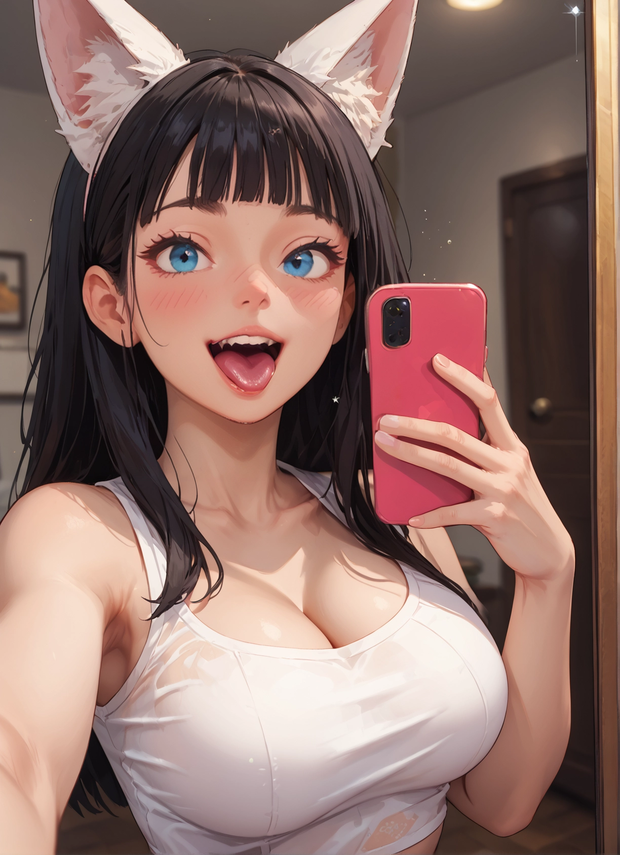 1girl, breasts, animal ears, phone, blue eyes, cleavage · Yamete.gg