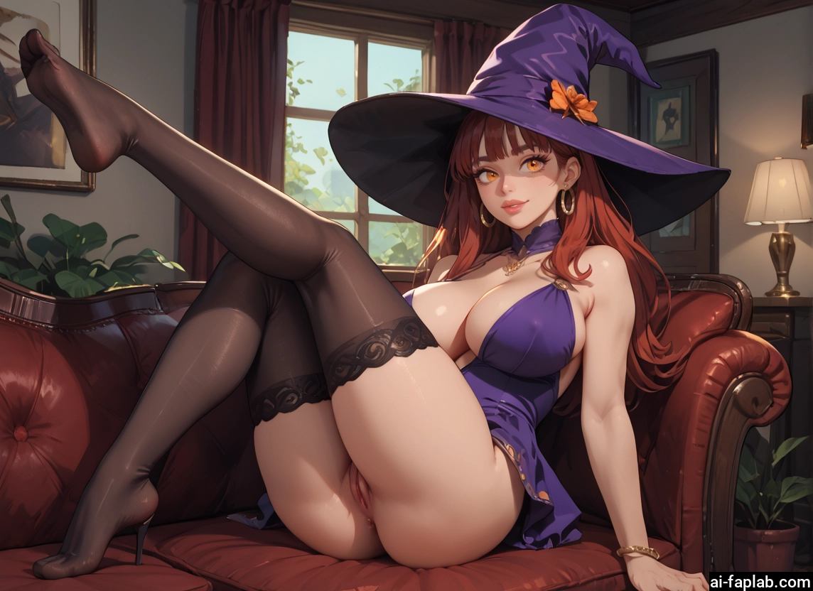 1girl, breasts, hat, pussy, thighhighs, witch hat · Yamete.gg
