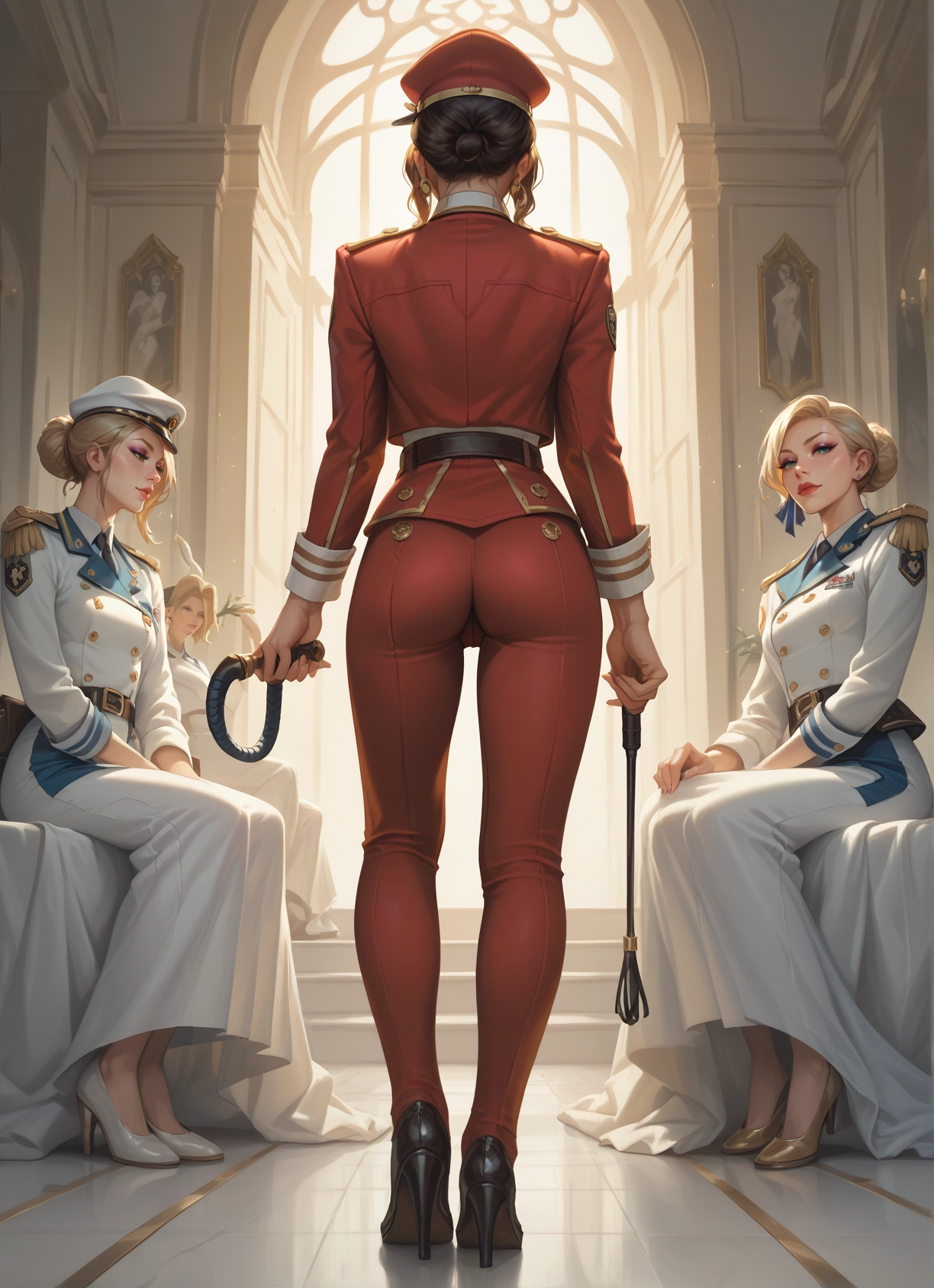 ass, multiple girls, high heels, blonde hair, hat, uniform · Yamete.gg