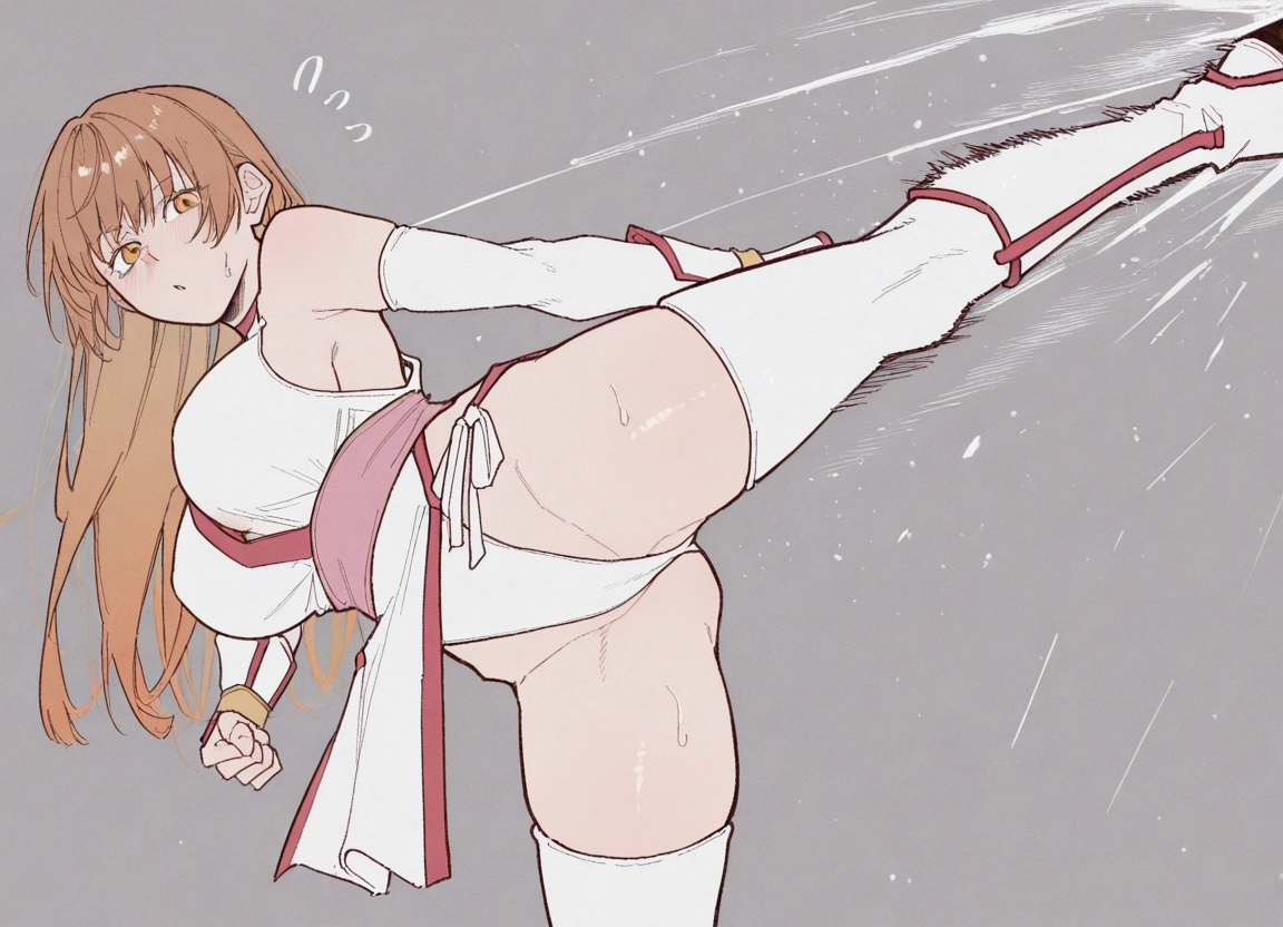 1girl, breasts, thighhighs, long hair, kicking, solo · Yamete.gg