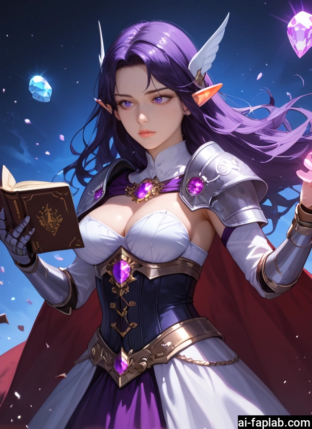 1girl, breasts, book, solo, pointy ears, purple hair · Yamete.gg