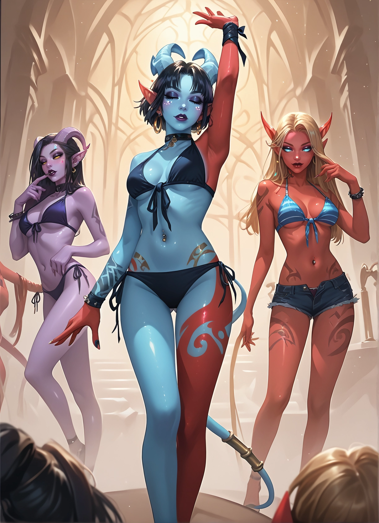 multiple girls, swimsuit, bikini, horns, colored skin, shorts · Yamete.gg