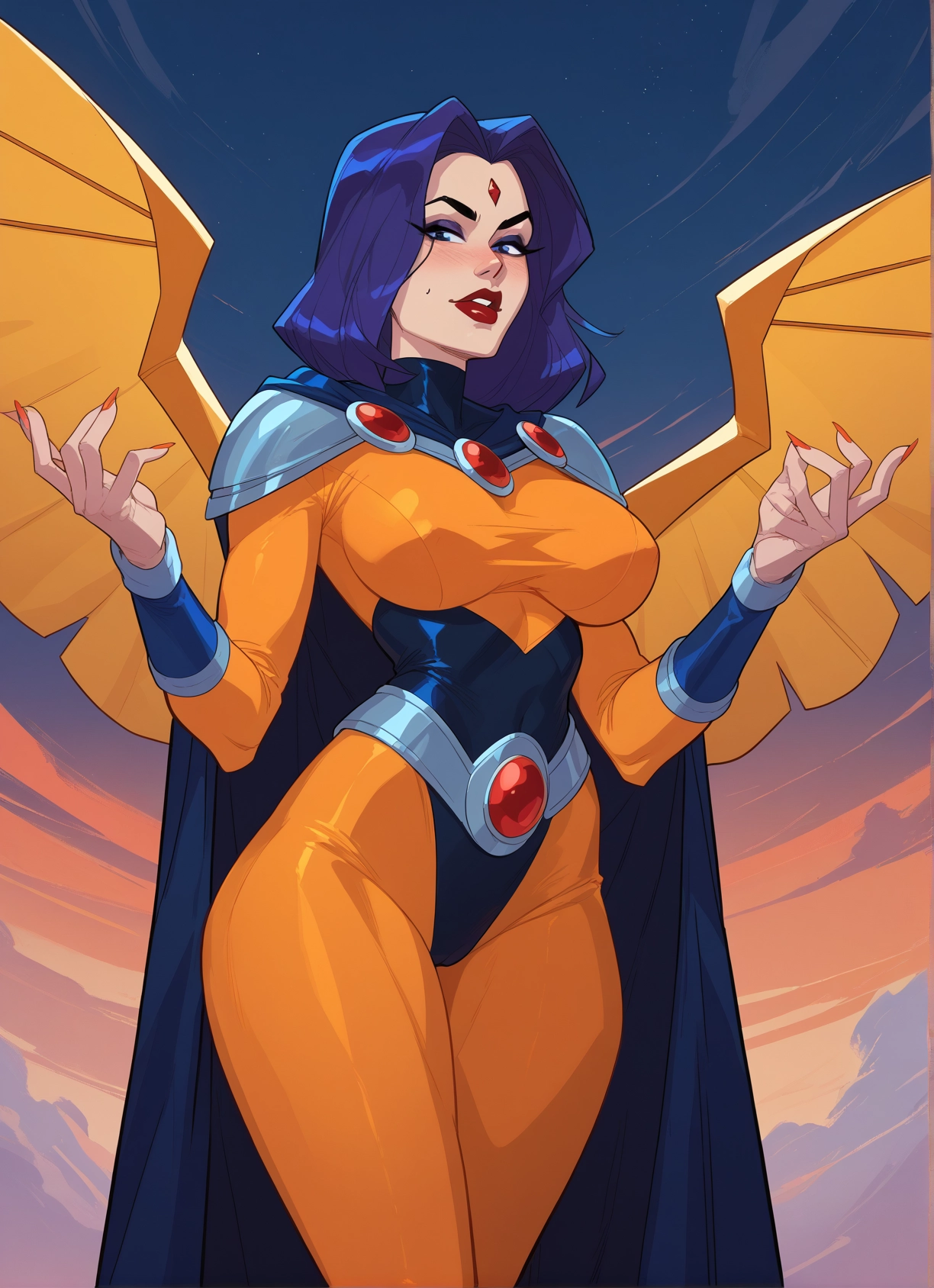 1girl, breasts, solo, blue eyes, wings, cape · Yamete.gg
