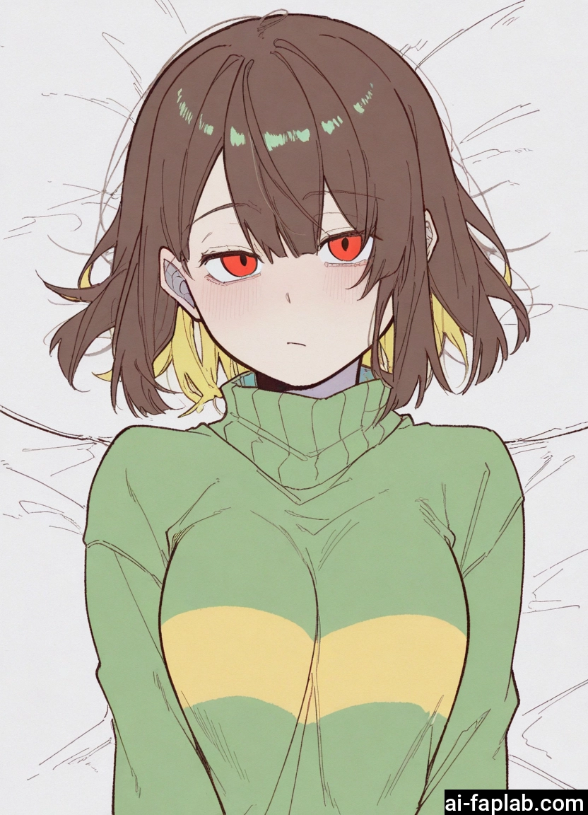 1girl, red eyes, solo, sweater, brown hair, lying · Yamete.gg