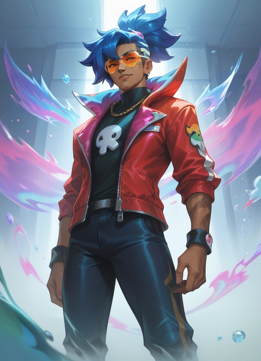 1boy, male focus, solo, jacket, blue hair, jewelry