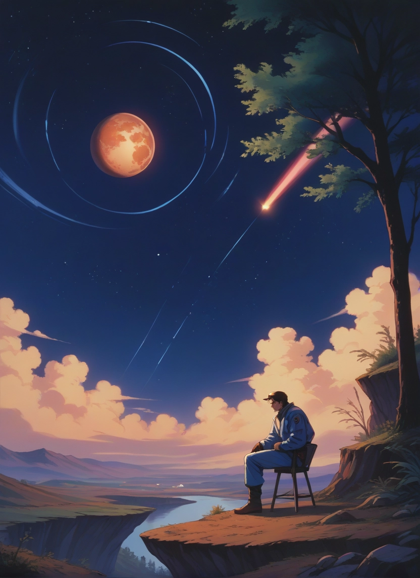 moon, sky, solo, sitting, 1boy, tree · Yamete.gg