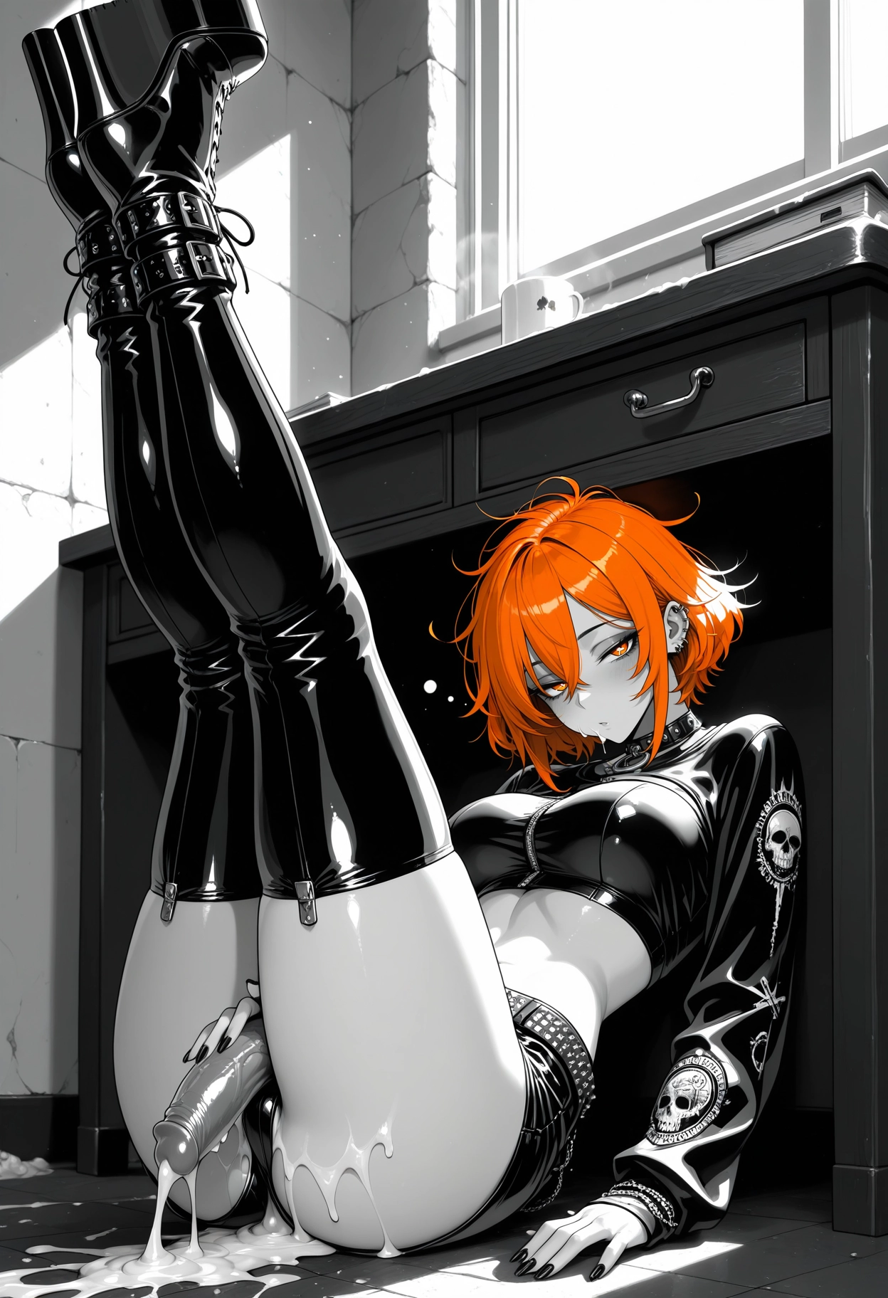1girl, solo, orange hair, cum, thighhighs, high heels · Yamete.gg