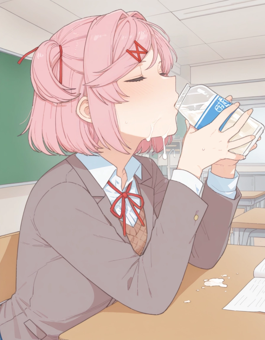 1girl, gokkun, milk, pink hair, solo, closed eyes · Yamete.gg