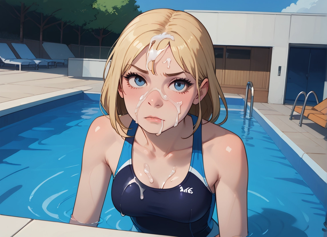 1girl, swimsuit, breasts, cum, blue eyes, one-piece swimsuit · Yamete.gg