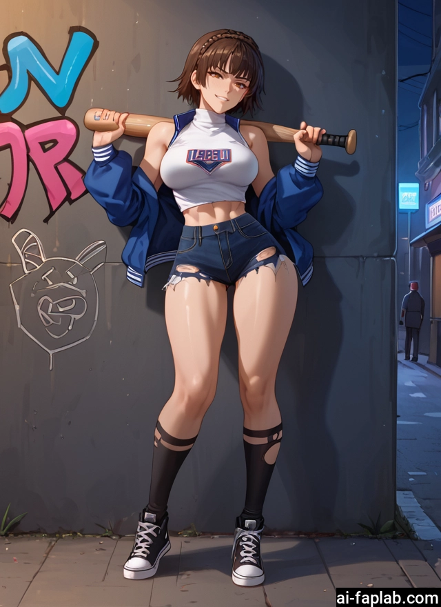 1girl, shorts, brown hair, breasts, baseball bat, torn clothes · Yamete.gg