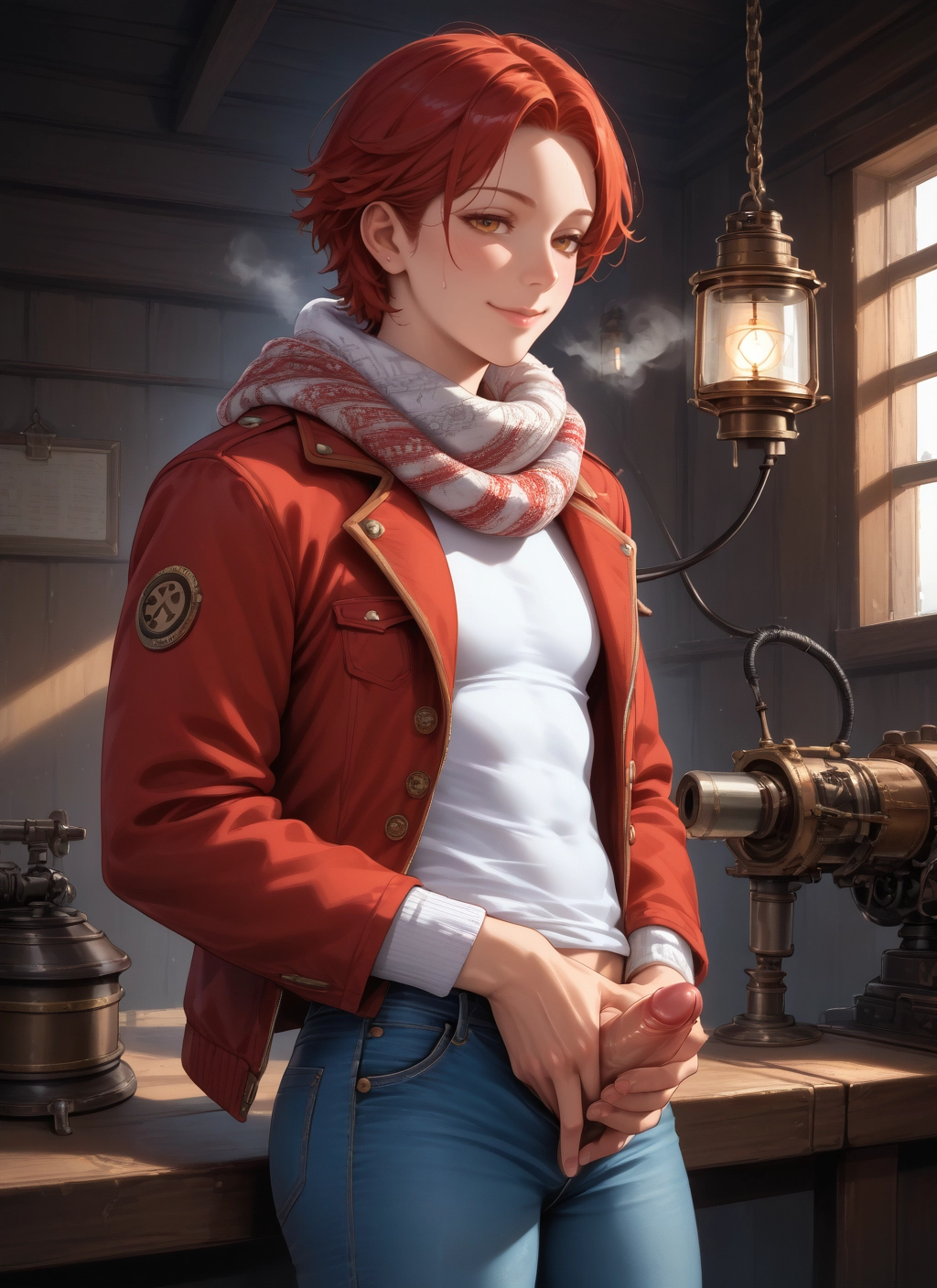 penis, pants, solo, scarf, jacket, denim · Yamete.gg