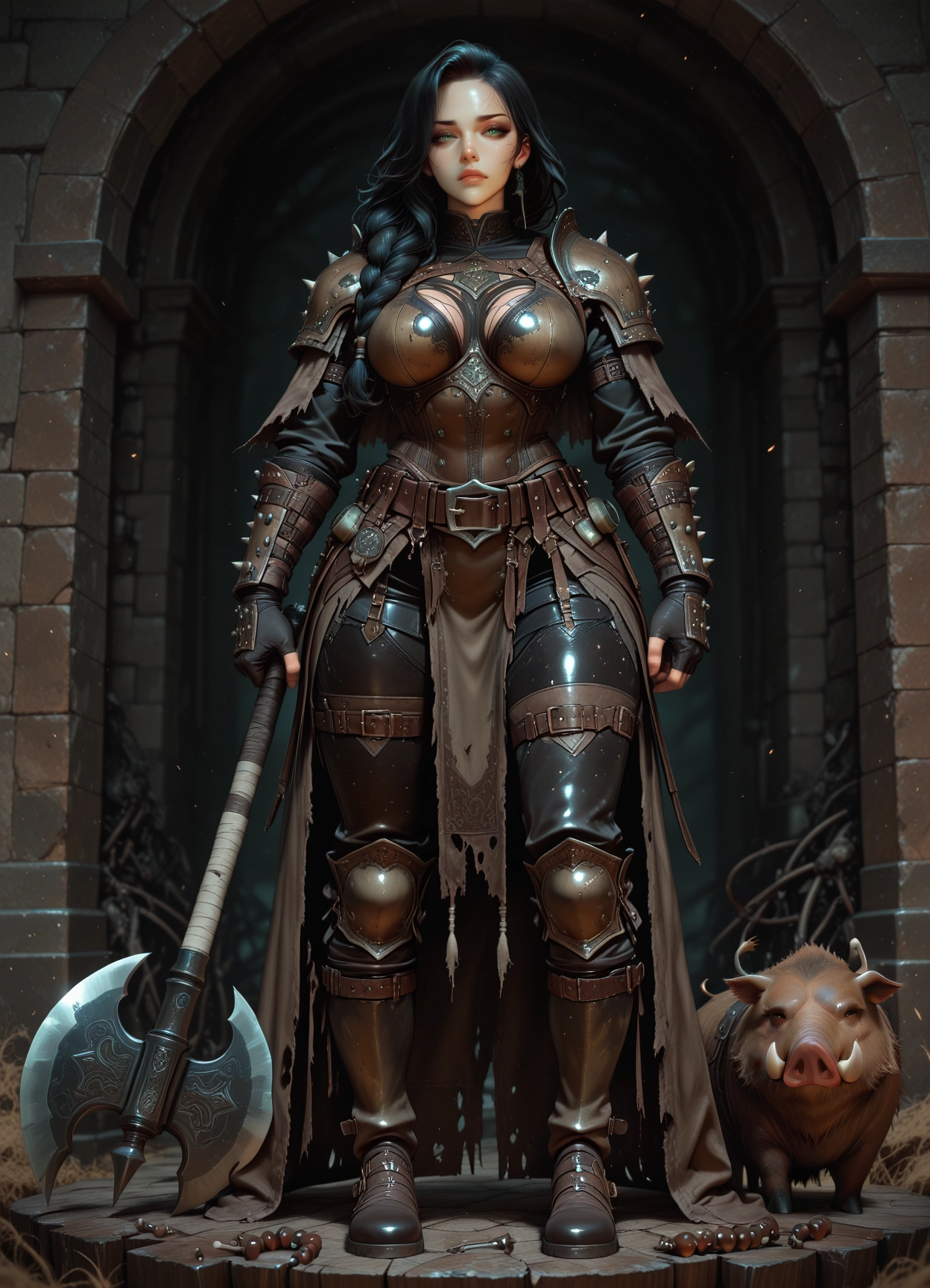 1girl, green eyes, armor, black hair, gloves, axe