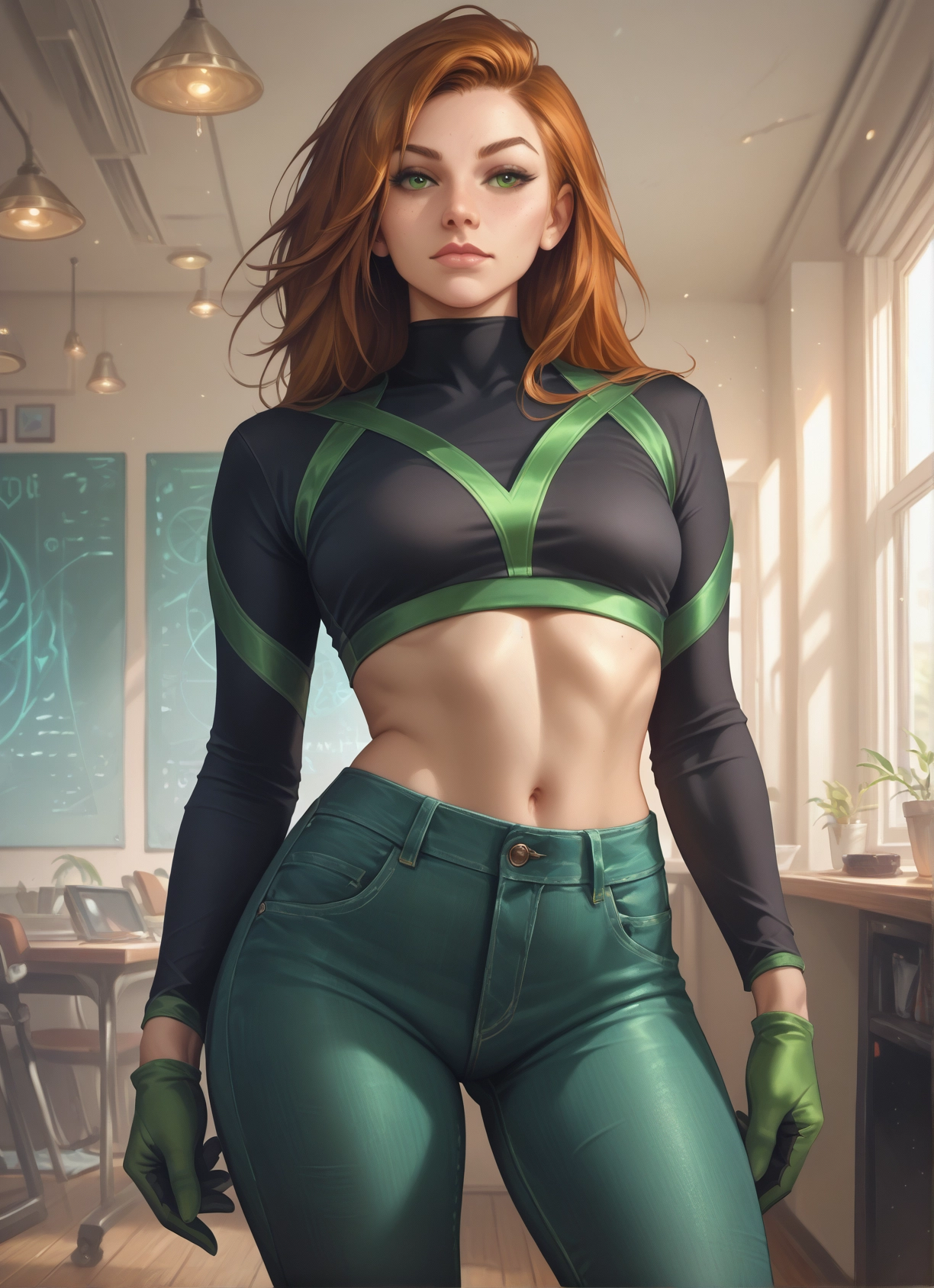 1girl, gloves, solo, green eyes, navel, pants · Yamete.gg