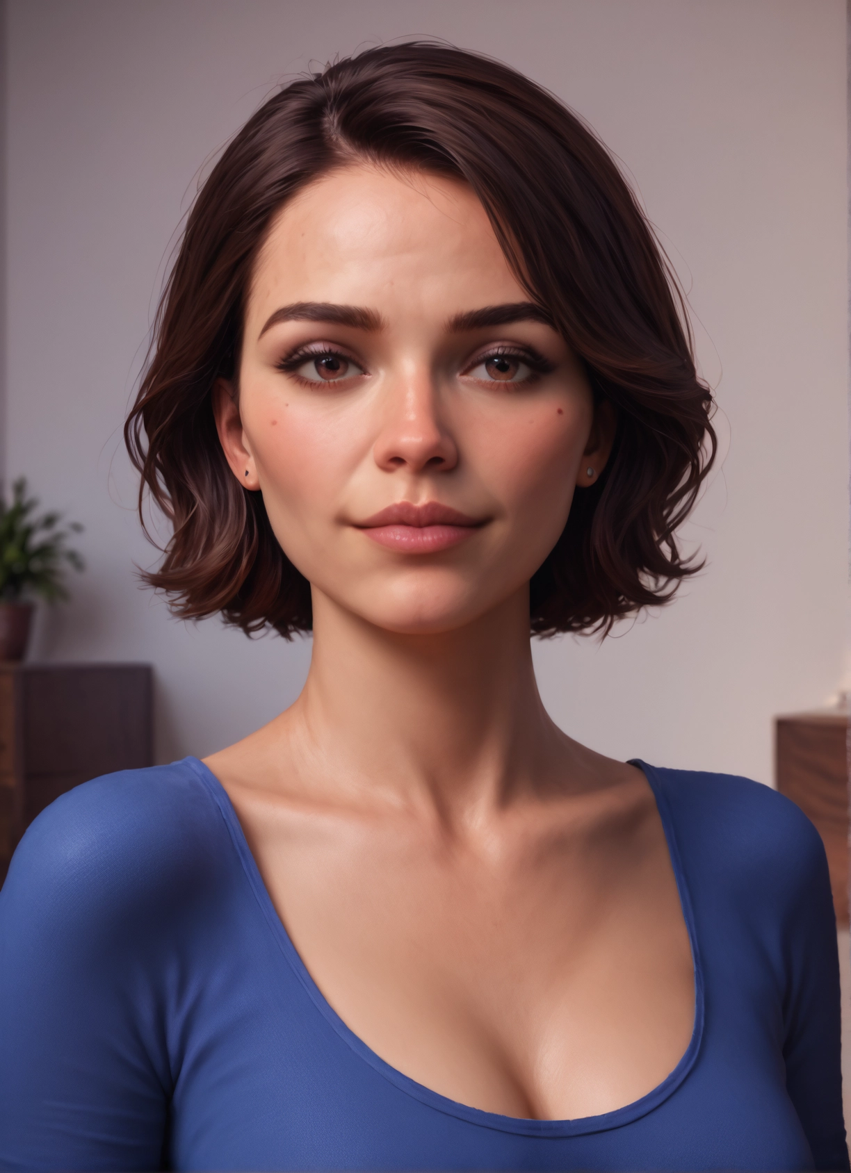 1girl, solo, brown hair, breasts, brown eyes, cleavage · Yamete.gg