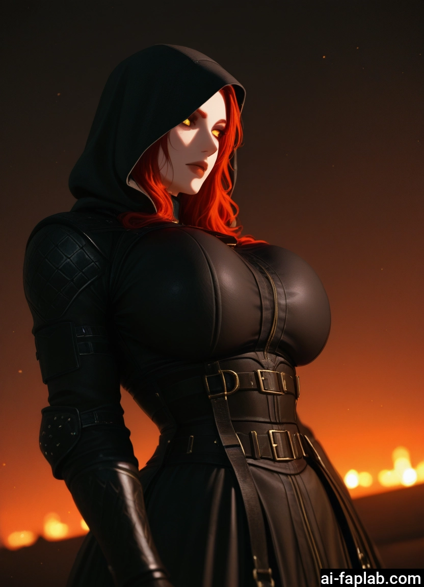 1girl, breasts, hood, red hair, solo, yellow eyes