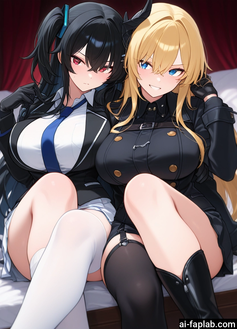 multiple girls, 2girls, breasts, blonde hair, black hair, thighhighs