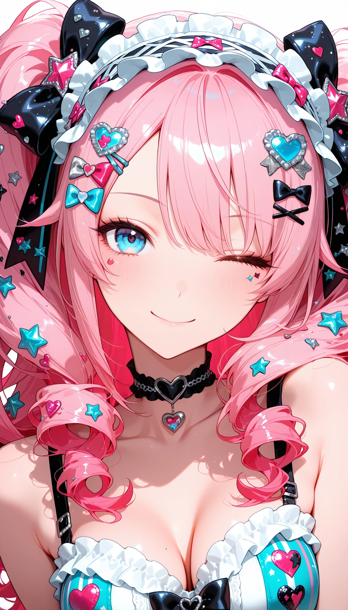 1girl, breasts, solo, pink hair, one eye closed, hair ornament · Yamete.gg