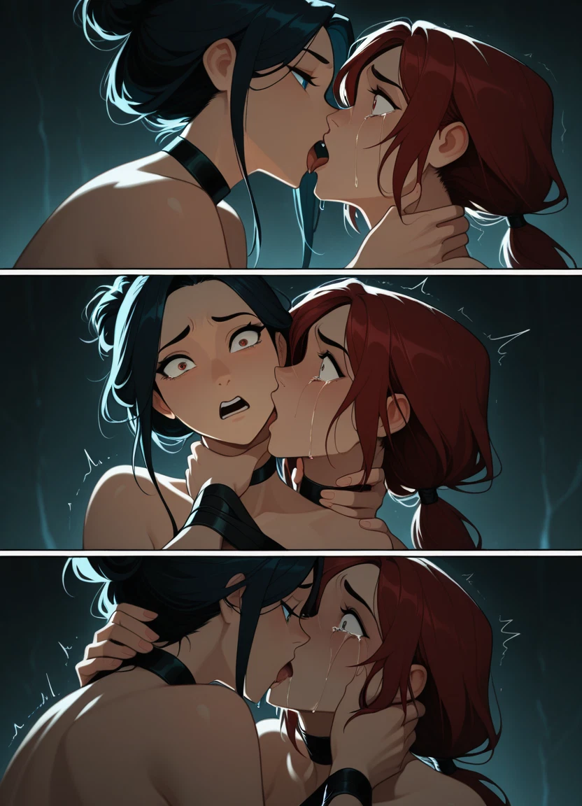 multiple girls, 2girls, kiss, yuri, red hair, french kiss