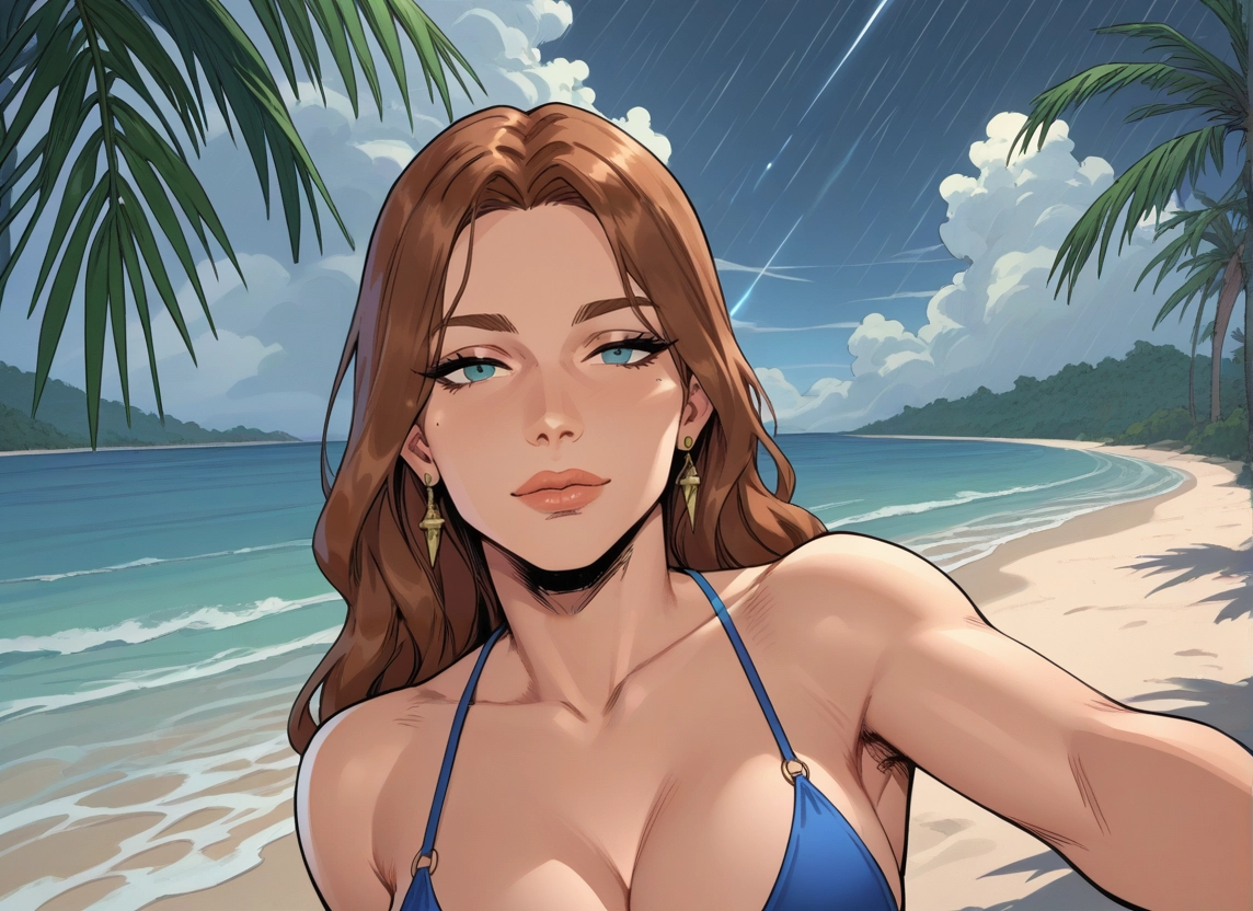1girl, earrings, swimsuit, jewelry, brown hair, breasts · Yamete.gg
