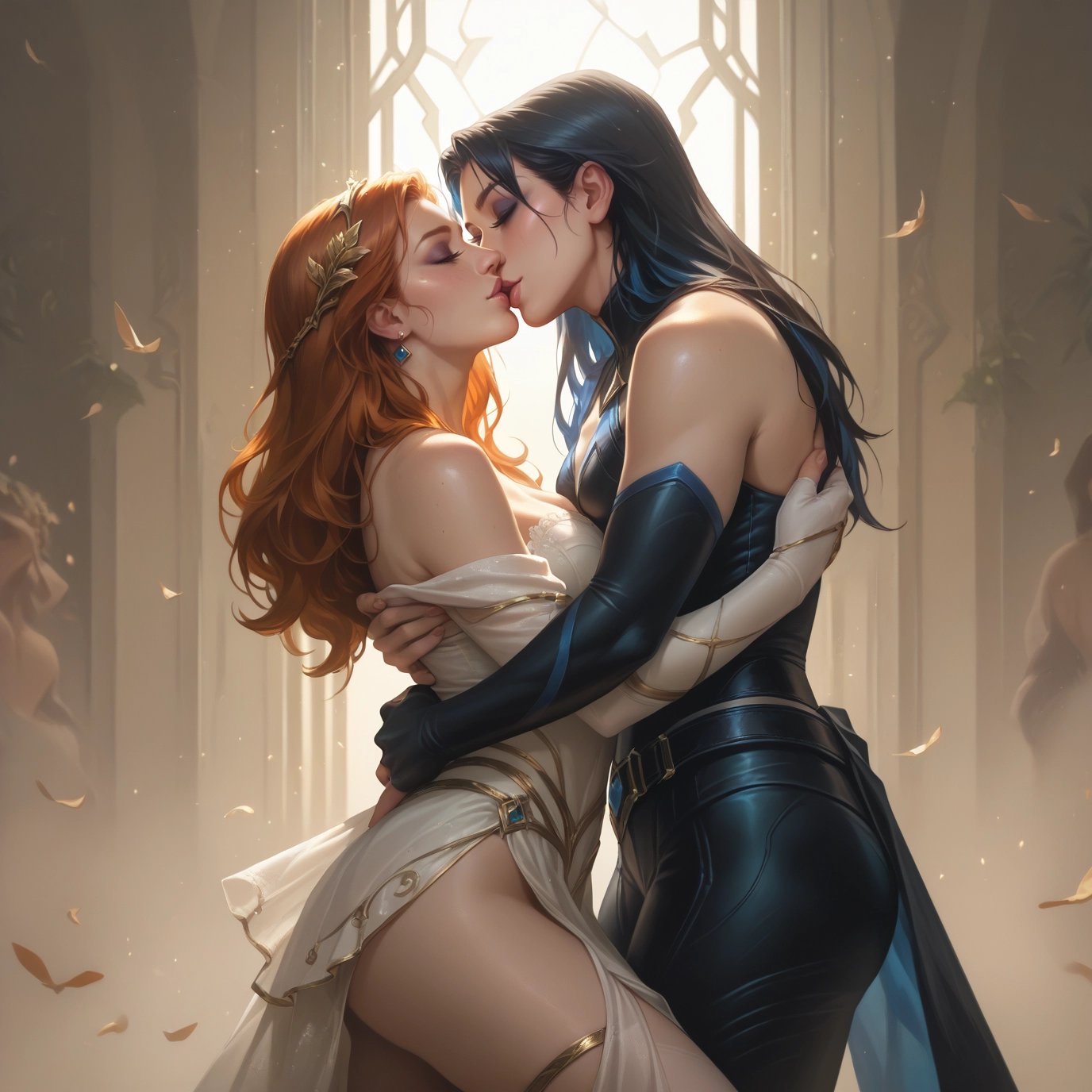multiple girls, 2girls, yuri, dress, kiss, closed eyes · Yamete.gg