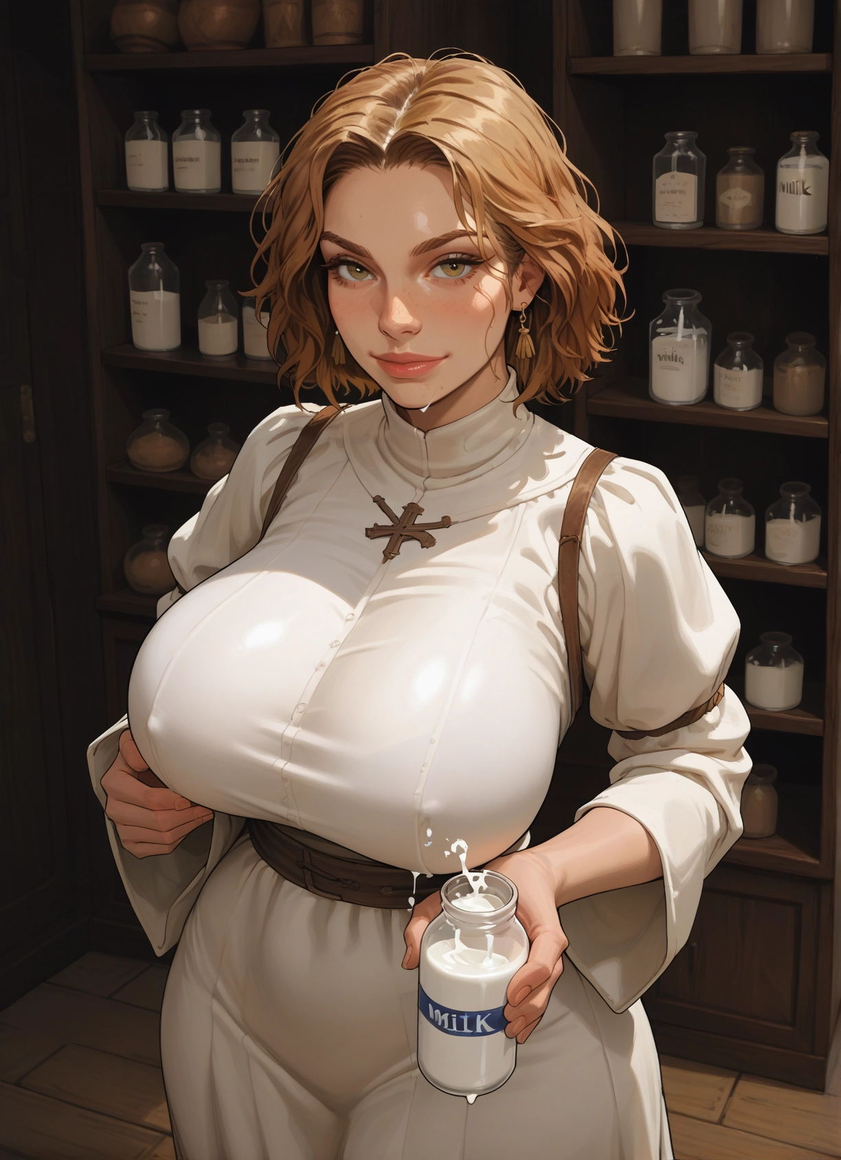 1girl, breasts, jewelry, earrings, looking at viewer, milk bottle · Yamete.gg