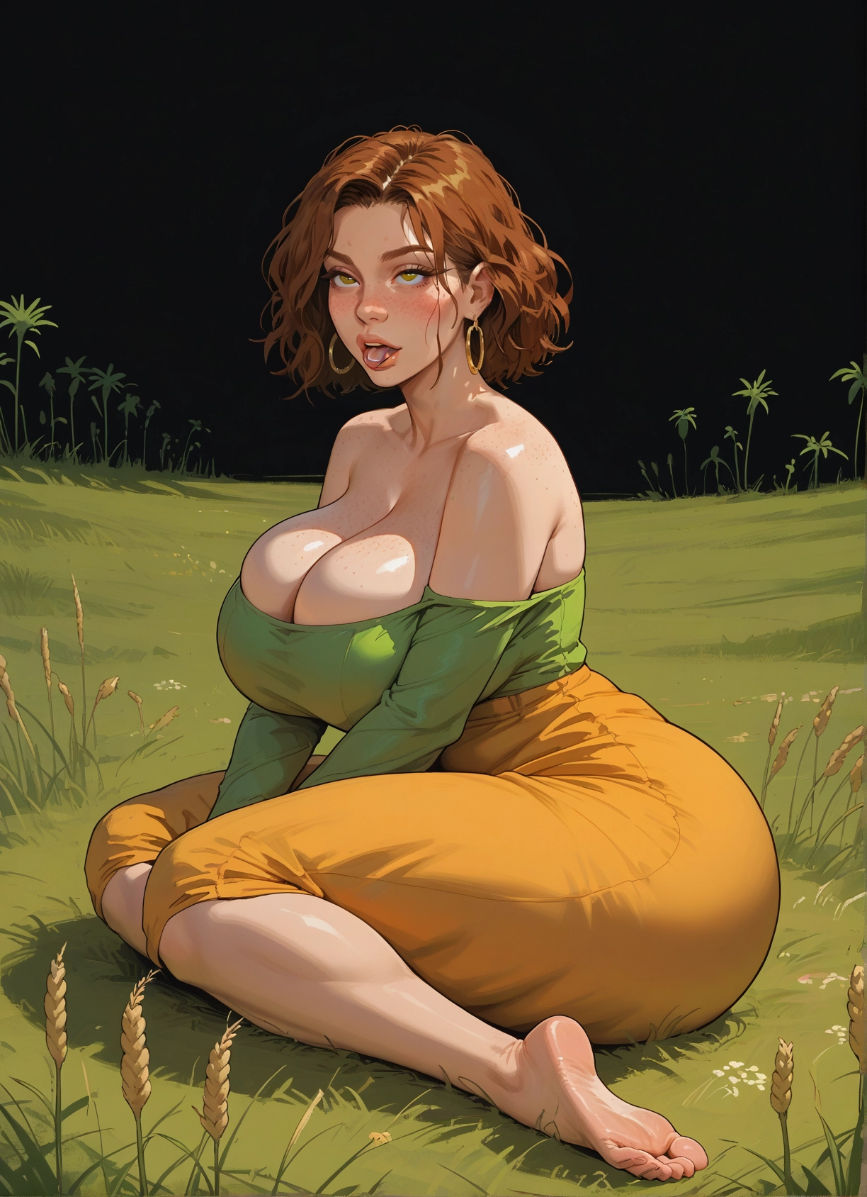 1girl, breasts, barefoot, cleavage, solo, brown hair · Yamete.gg