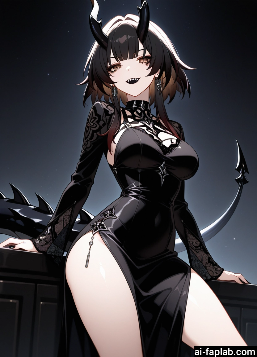 1girl, horns, dress, teeth, solo, breasts