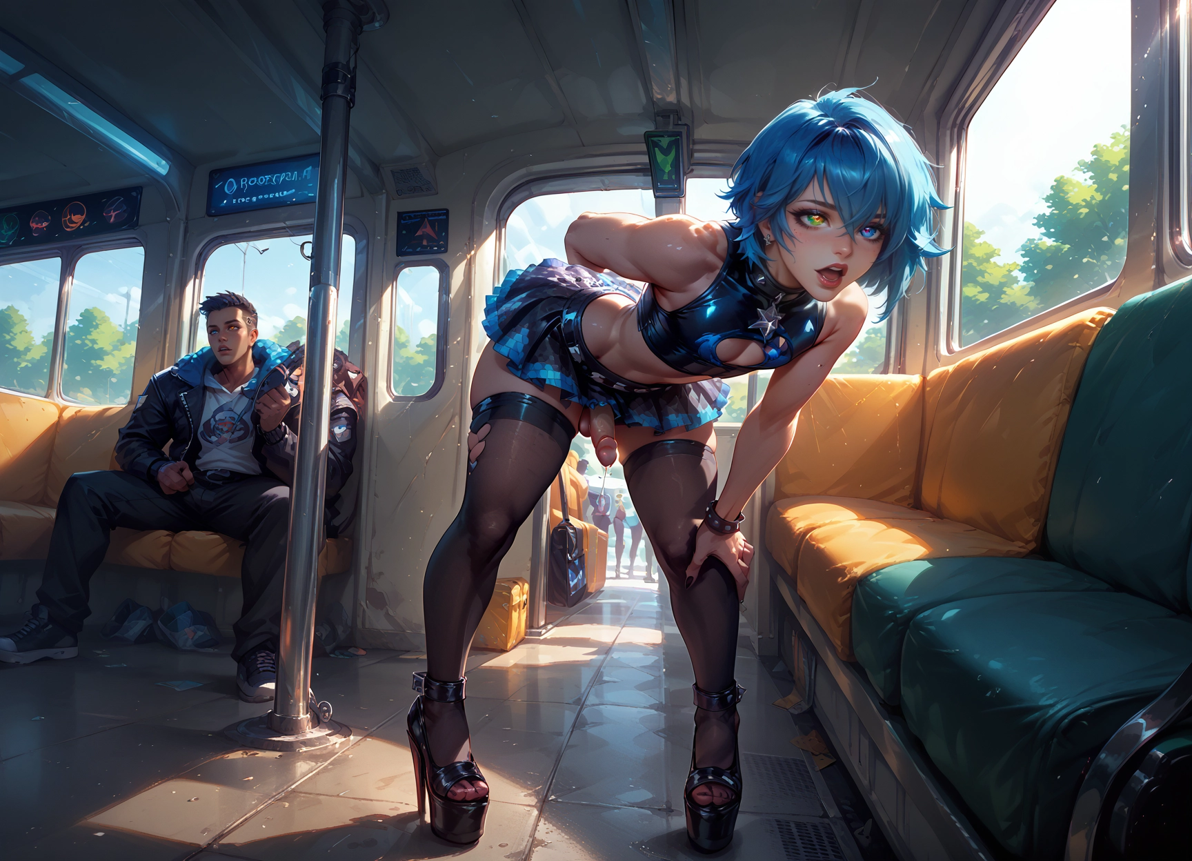 futanari, bent over, heterochromia, thighhighs, 1girl, leaning forward · Yamete.gg
