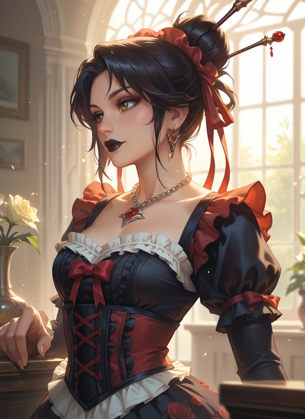 1girl, solo, jewelry, earrings, necklace, flower · Yamete.gg