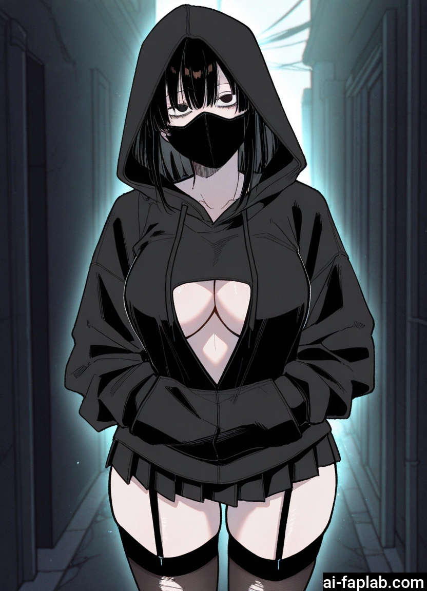 1girl, breasts, mask, hood, thighhighs, skirt