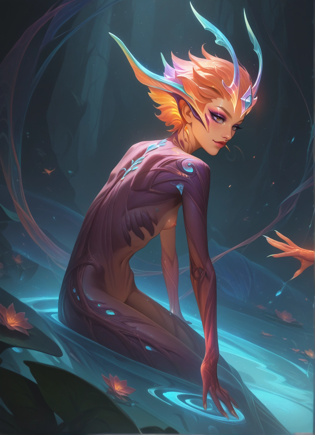 1girl, breasts, flower, short hair, looking at viewer, water · Yamete.gg