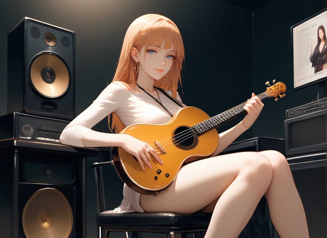 instrument, long hair, jewelry, earrings, 1girl, blue eyes · Yamete.gg