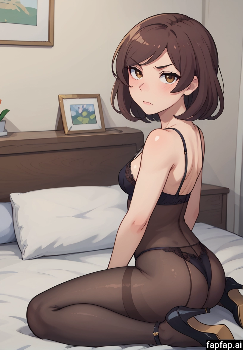 1girl, solo, pantyhose, brown hair, ass, underwear