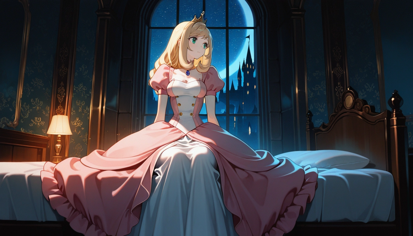 1girl, solo, blonde hair, dress, indoors, night · Yamete.gg