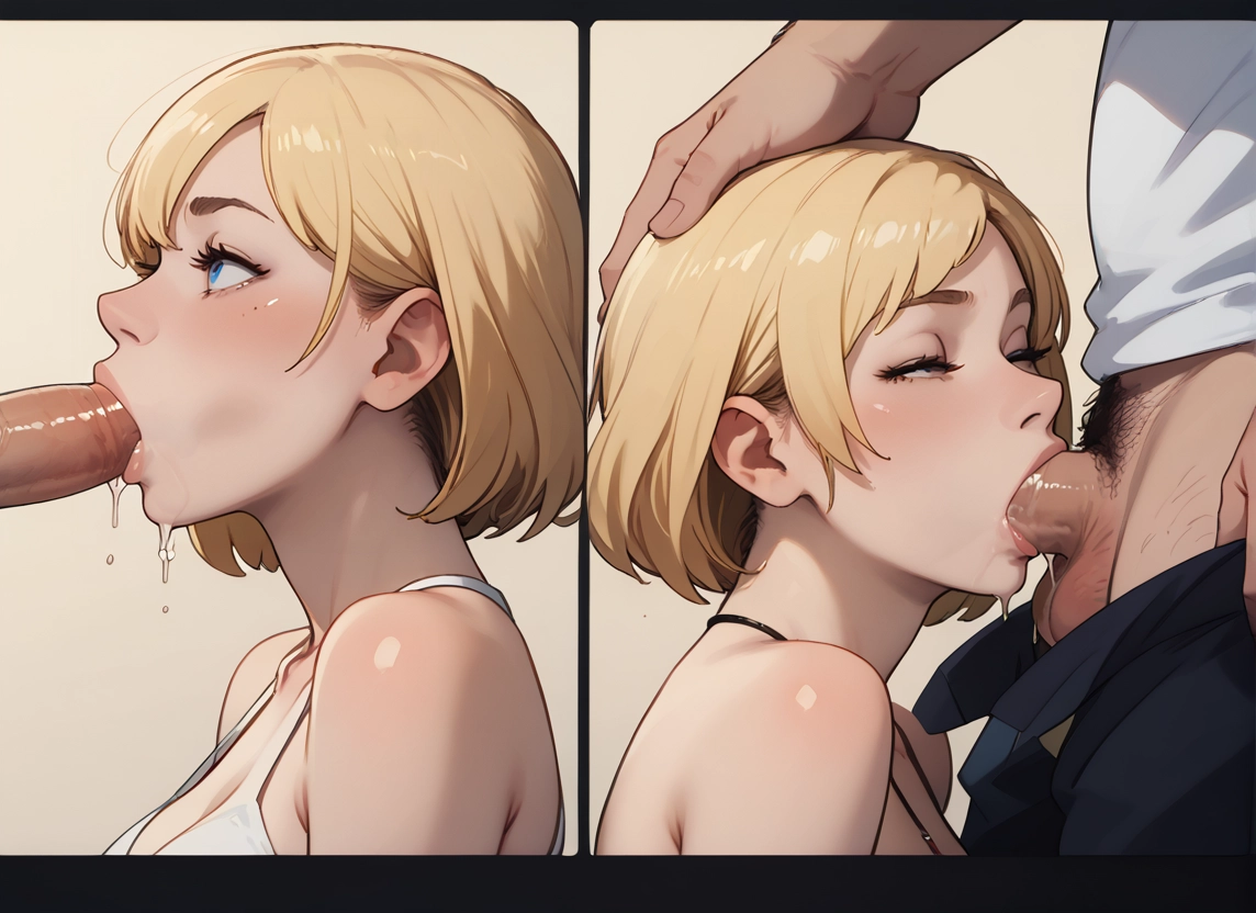 1girl, penis, hetero, blonde hair, 1boy, oral
