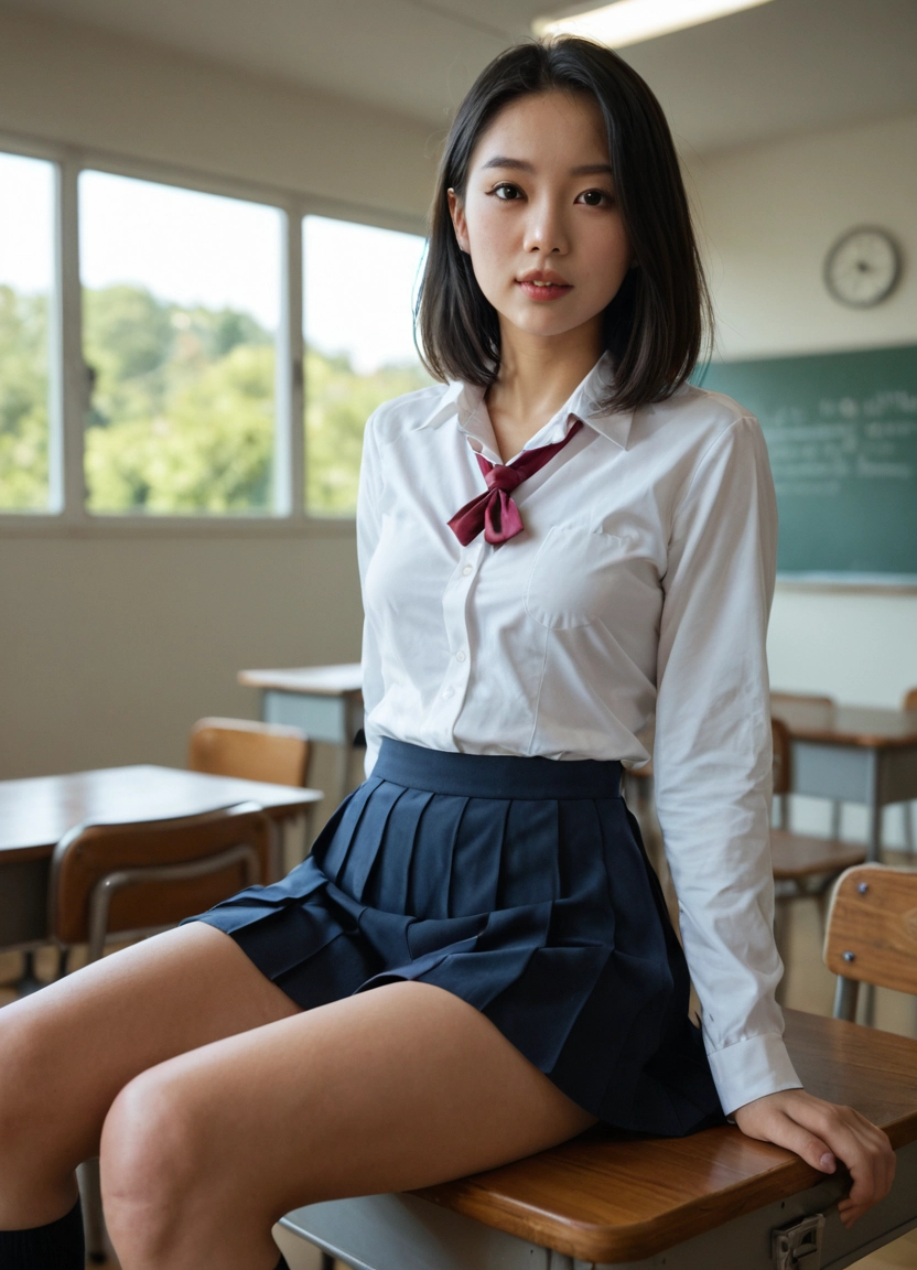 1girl, solo, school uniform, skirt, photo (medium), sitting · Yamete.gg