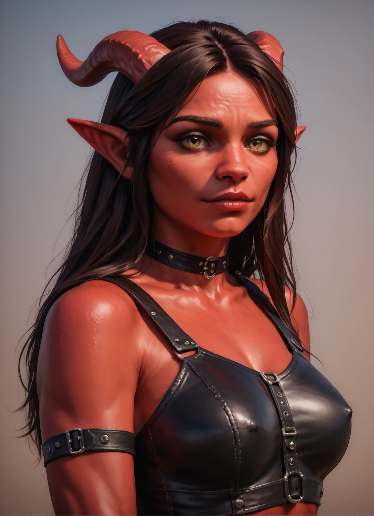 1girl, solo, horns, breasts, pointy ears, covered nipples · Yamete.gg